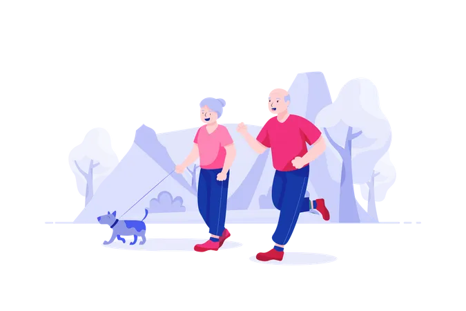 Vieux couple faisant du jogging avec un chien  Illustration