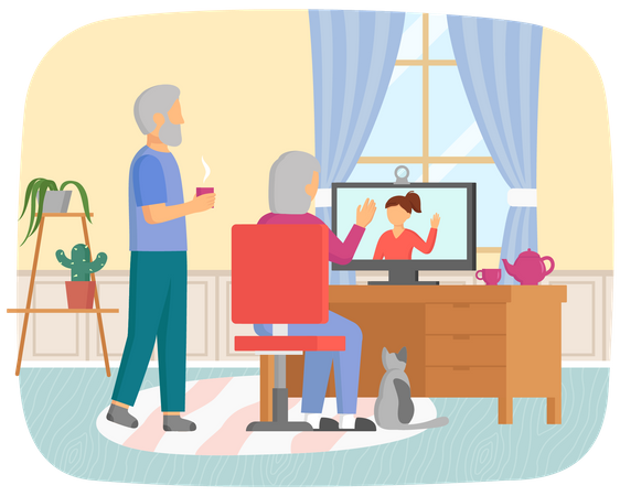 Vieux couple parlant à un parent par appel vidéo  Illustration