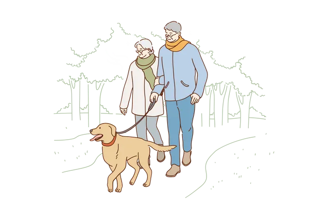 Vieux couple marchant avec un chien dans le parc  Illustration