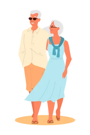 Vieux couple s'embrassant en marchant ensemble  Illustration