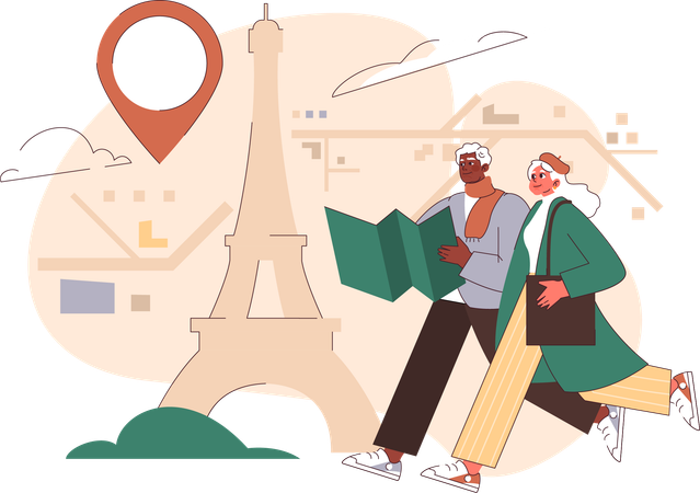 Un vieux couple trouve son emplacement sur une carte lors d'un voyage international  Illustration