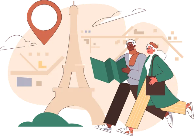 Un vieux couple trouve son emplacement sur une carte lors d'un voyage international  Illustration