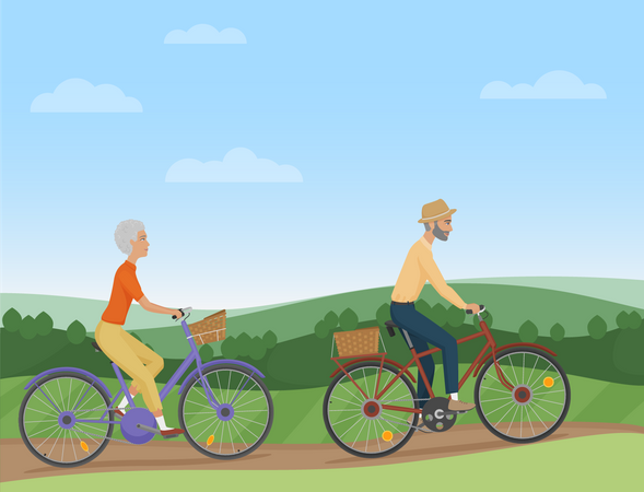 Vieux couple, faire du vélo dans le parc  Illustration