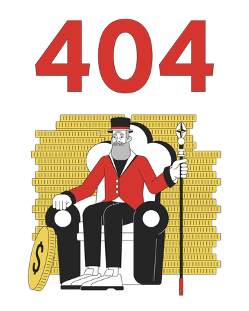 Vieil homme d'affaires barbu parmi les pièces de monnaie, message flash d'erreur 404  Illustration