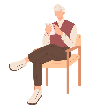 Vieil homme utilisant un mobile tout en étant assis sur une chaise  Illustration
