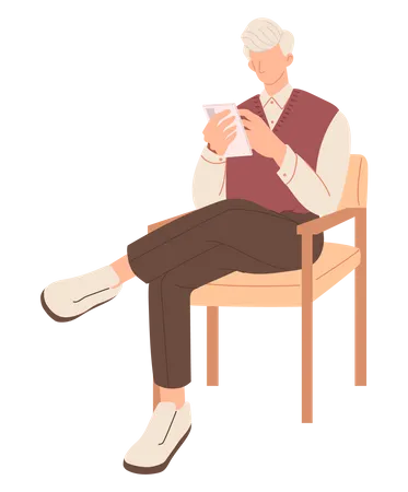Vieil homme utilisant un mobile tout en étant assis sur une chaise  Illustration
