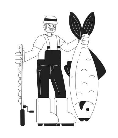 Vieux pêcheur tenant un gros poisson et une canne à pêche  Illustration