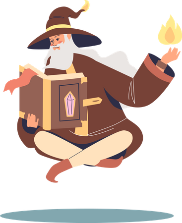 Vieux sorcier sorcier lisant un livre de sorts en lévitation  Illustration