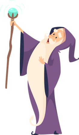 Vieux sorcier avec un bâton magique portant une robe de magicien  Illustration