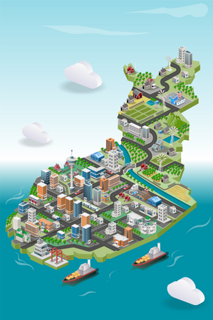View of buildings and housing with farm in isometric illustration map Illustration