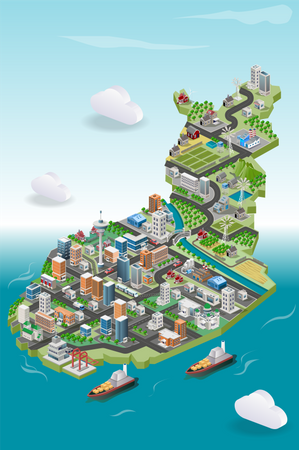 View of buildings and housing with farm in isometric illustration map  Illustration