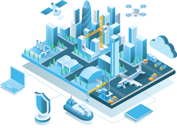 View of the building with airport and ship port  Illustration