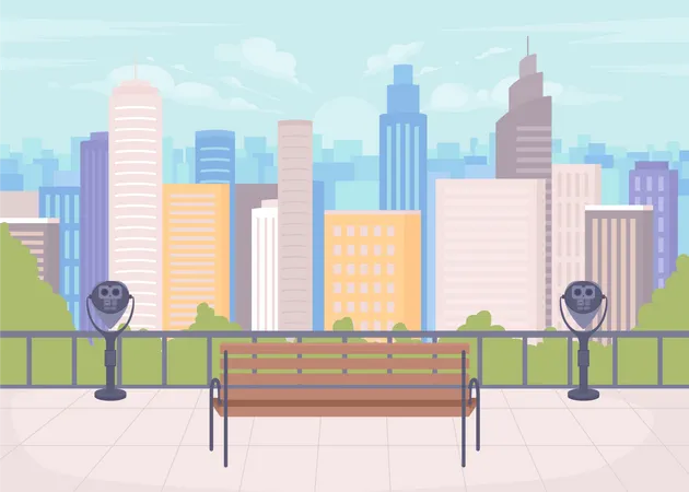 Viewpoint On Downtown Core Flat Color Vector Illustration Perfect Perspective On City Architecture Observation Deck In Daytime 2 D Simple Cartoon Cityscape With Skyscrapers On Background Illustration