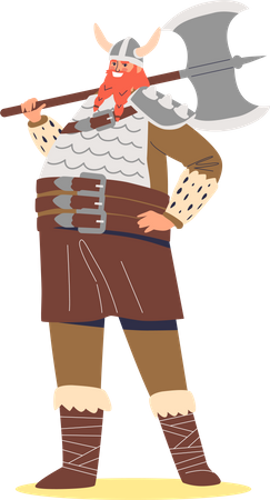 Homme viking tenant une hache et portant des vêtements de protection  Illustration