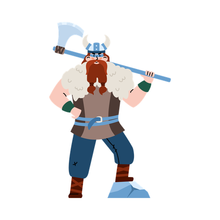 Viking in horned helmet holding axe  Illustration