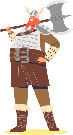 Viking man holding axe and wearing protective clothes Illustration