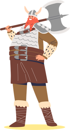 Viking man holding axe and wearing protective clothes  Illustration