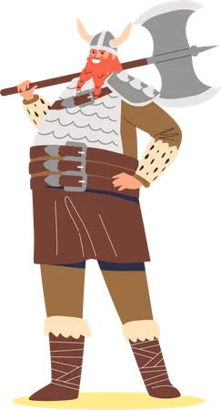 Viking man holding axe and wearing protective clothes  Illustration