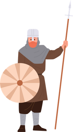 Viking medieval nordic soldier with armor holding shied and spear peak  イラスト
