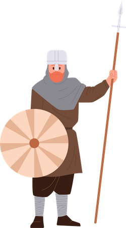 Viking medieval nordic soldier with armor holding shied and spear peak  Illustration