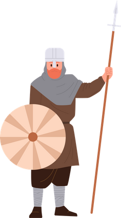 Soldat nordique médiéval viking avec armure tenant le bouclier et le pic de lance  Illustration