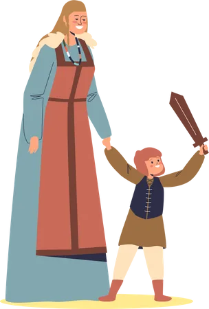 Viking Family Mother With Son Kid Happy Medieval Parent With Child Holding Wooden Sward Traditional Scandinavian Cartoon Characters Flat Vector Illustration イラスト