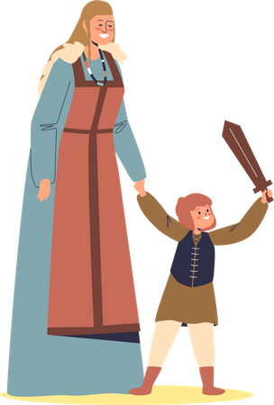 Viking mother with son  Illustration