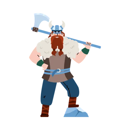 Vikingo con casco con cuernos sosteniendo un hacha  Ilustración