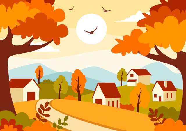 Village d'automne avec des feuilles d'automne  Illustration