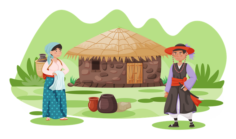 Villagers in traditional clothes Illustration