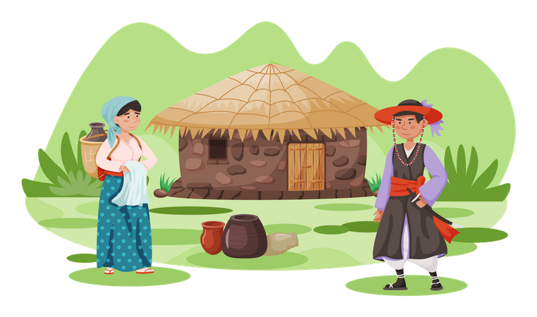 Villagers in traditional clothes  Illustration