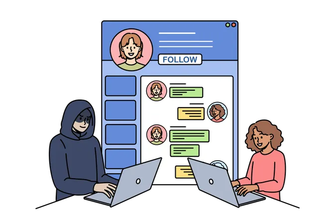悪党がノートパソコンでインターネット経由で少女と連絡を取り、子供を装って誘拐を実行  イラスト