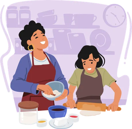 Vínculo De Madre E Hija En La Cocina  Ilustración