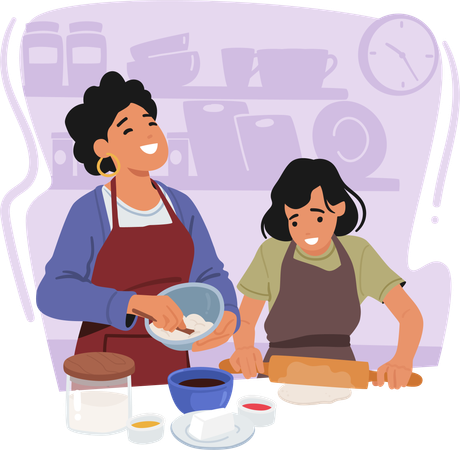 Vínculo mãe e filha na cozinha  Ilustração