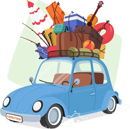 Vintage Car With Luggage On Roof Ready For Adventure Or Travel With Roof Rack Or Cargo Carrier Attached To Transport Additional Gear Suitcases Or Equipment Cartoon Vector Illustration Illustration