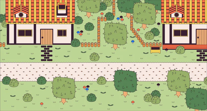 Vintage Videogame Village Cartoon Flat Illustration Medieval Countryside Rural Houses And Road 2 D Line Landscape Colorful Background Adventure Game Development Scene Vector Storytelling Image Illustration
