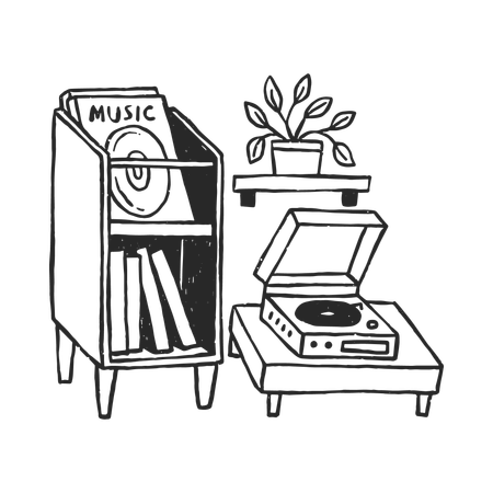 Vinyl player with books and plants  Illustration