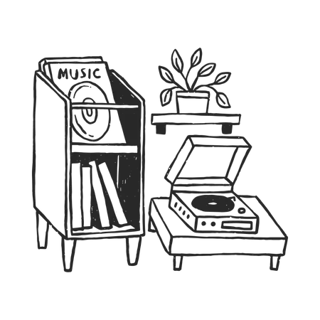 Vinyl player with books and plants  Illustration