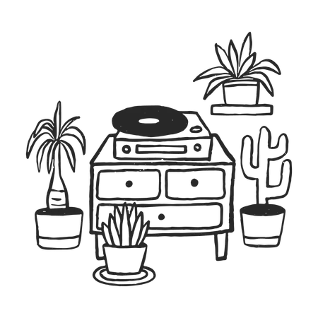 Vinyl Player with Plants  Illustration