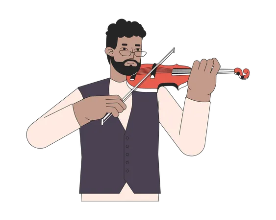 Violinist Playing With Violin Bow 2 D Linear Cartoon Character African American Bearded Man Fiddle Player Isolated Line Vector Person White Background Performing Arts Color Flat Spot Illustration Illustration