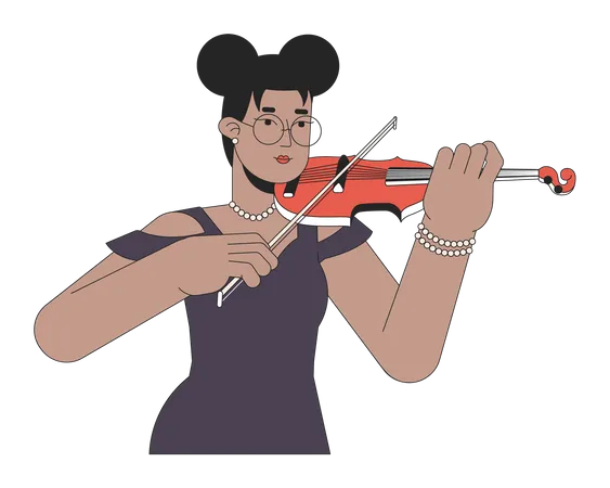Black Female Violinist Playing Musical Instrument 2 D Linear Cartoon Character African American Young Woman Isolated Line Vector Person White Background Violin Player Color Flat Spot Illustration Illustration