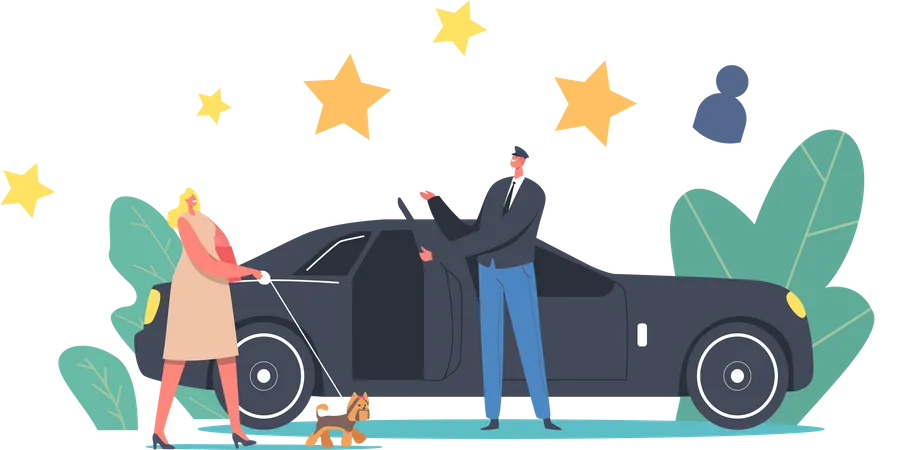 VIP People with Dog on Leash Enter Limousine with Driver  Illustration