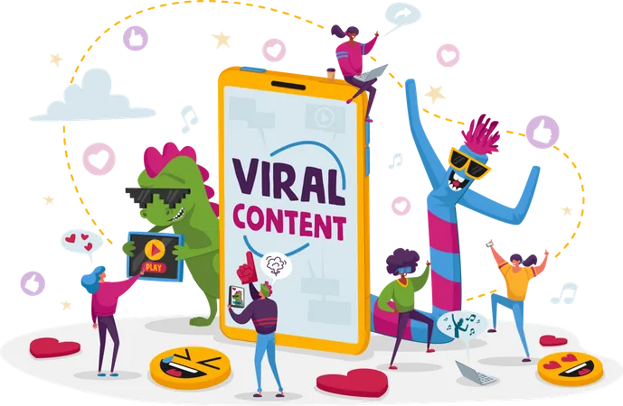 Viral Content Concept Tiny People Dance At Huge Mobile Phone With Funny Characters Social Media Blogging Movie Streaming Online Network Likes Followers Attracting Cartoon Vector Illustration イラスト