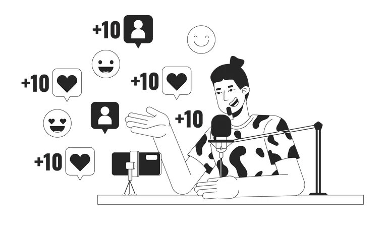 Viral Podcaster Talking Into Microphone Black And White 2 D Illustration Concept Guy Vlogger Cartoon Outline Character Isolated On White Social Media Popularity Metaphor Monochrome Vector Art Illustration