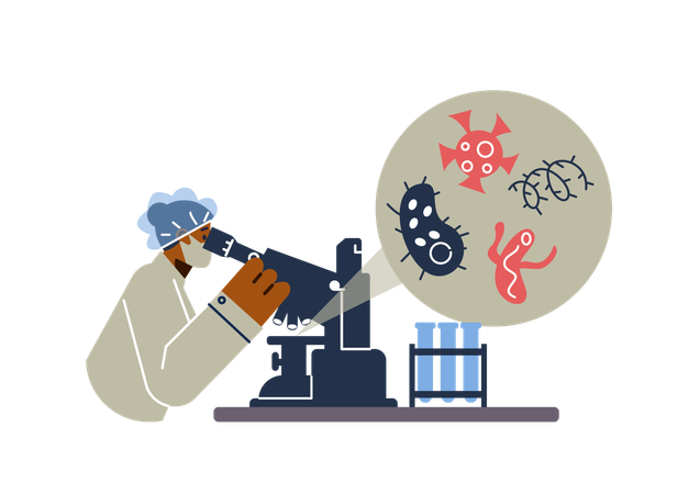 Virologen beobachten unter dem Mikroskop und erforschen Viren und Bakterien  Illustration