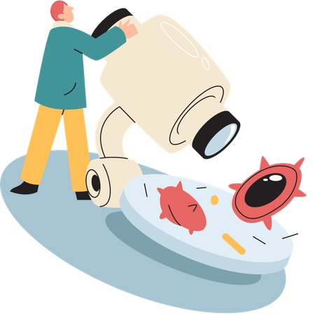 Virologist examines virus with microscope in laboratory  Illustration