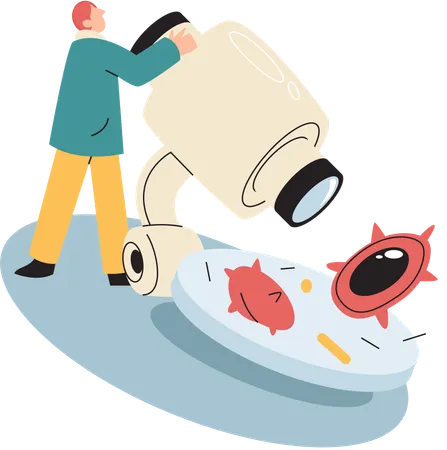 Virologist examines virus with microscope in laboratory  Illustration