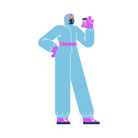 Virologist in special protective suit with respirator holding tube  Illustration