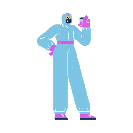 Virologist in special protective suit with respirator holding tube  Illustration