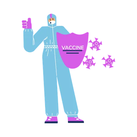 Virologist with shield in uniform and mask while showing thumbs up  Illustration